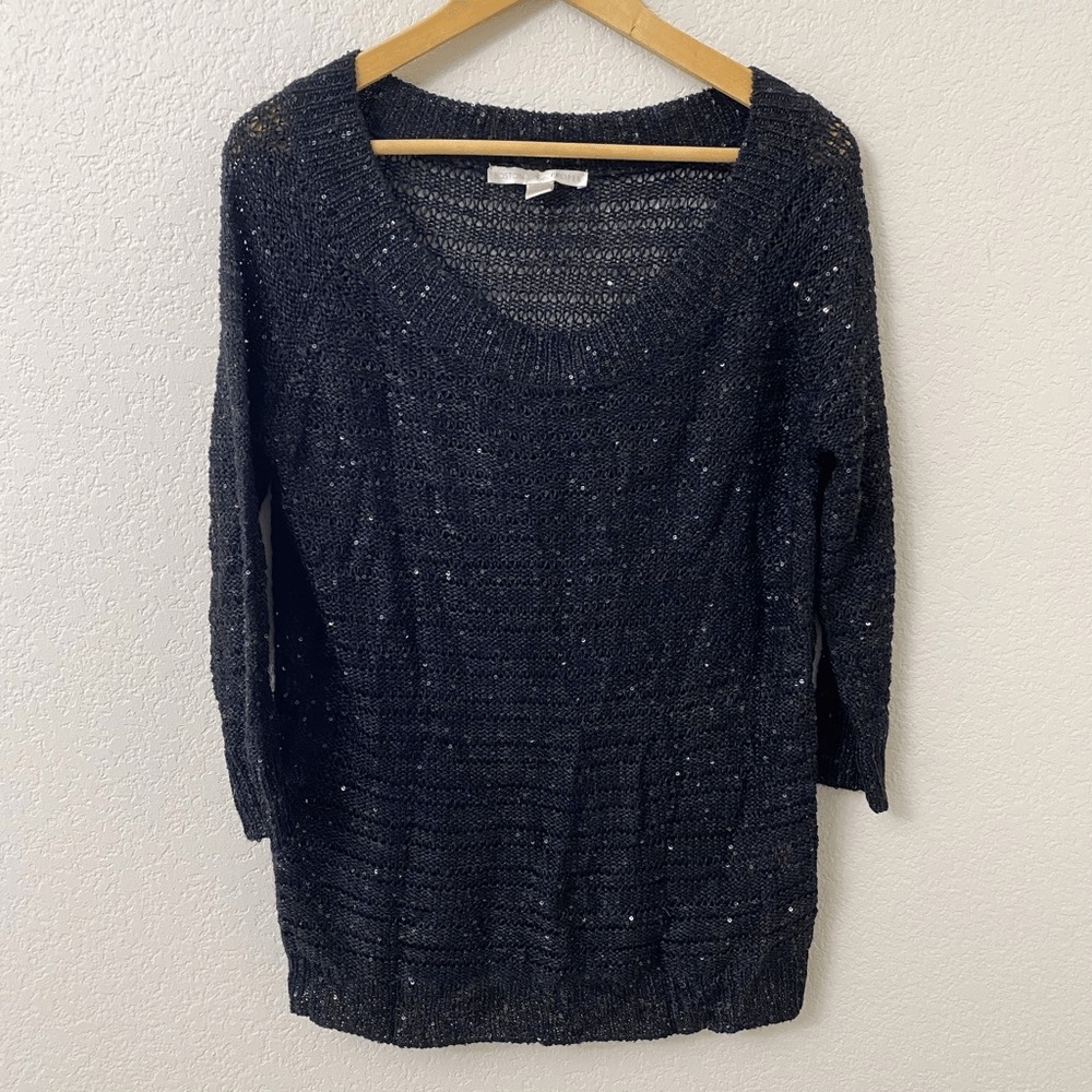 Boston Proper Sequin Sweater Size Medium Black Sheer 3/4 Sleeve
